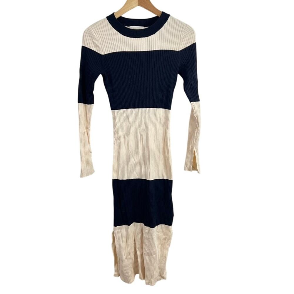 H&M Ribbed Knit Midi Dress Women S Navy Cream Striped Long Sleeve‎ 0758815 9